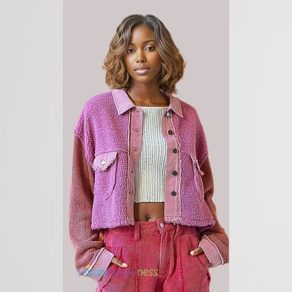 New POL Crop Jacket Shacket Barbie Pink Sherpa Size NWT - Picture 4 of 6
